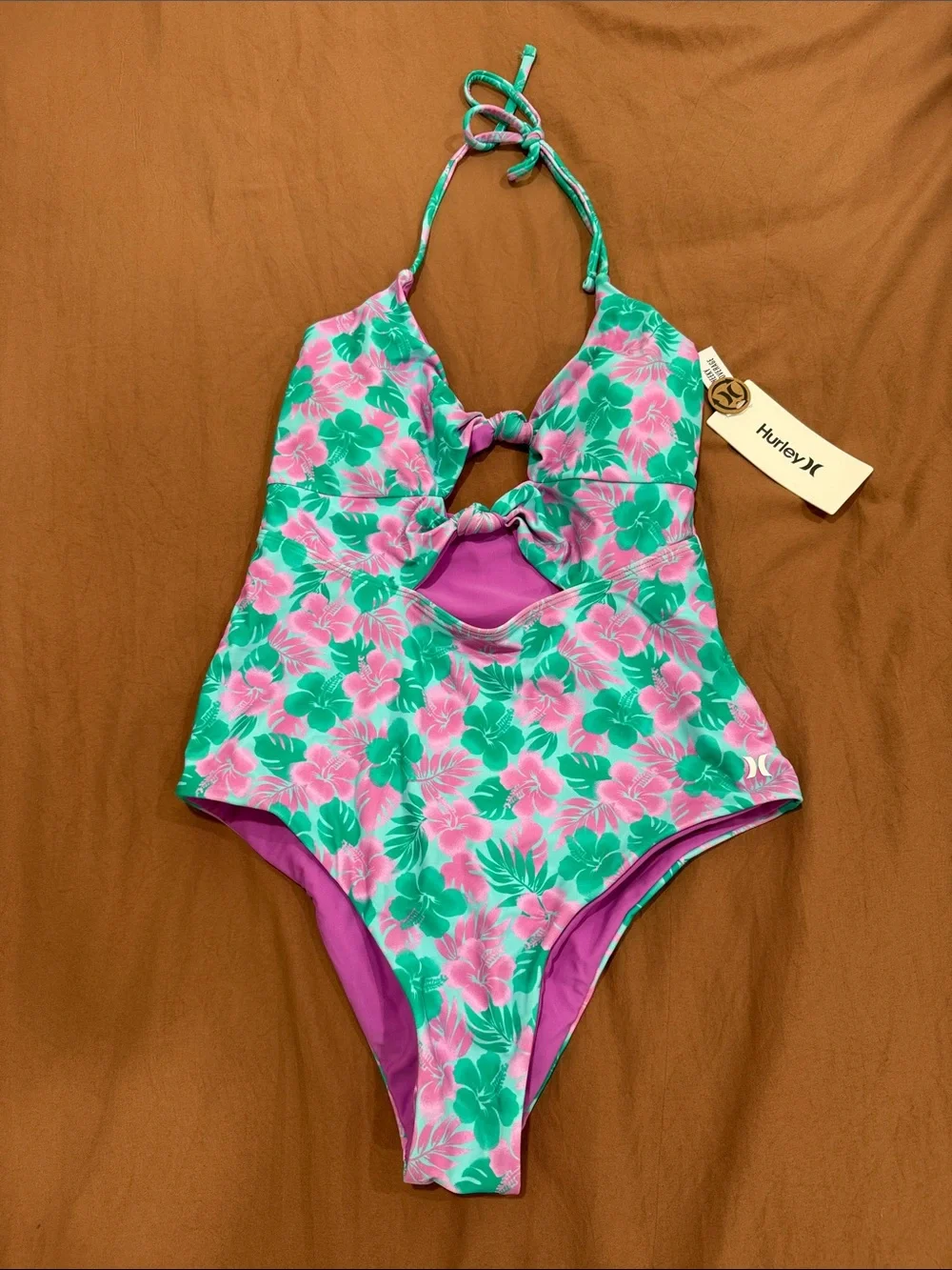 Hurley Pink & Green Floral Halter One-Piece Swim